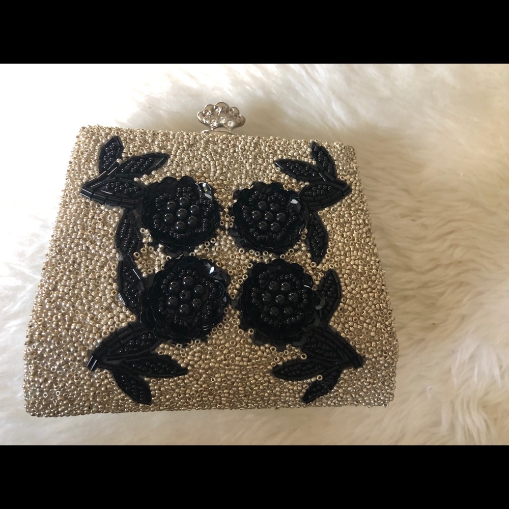 Beaded Clutch Vintage Style Purse w/ Black Enamel